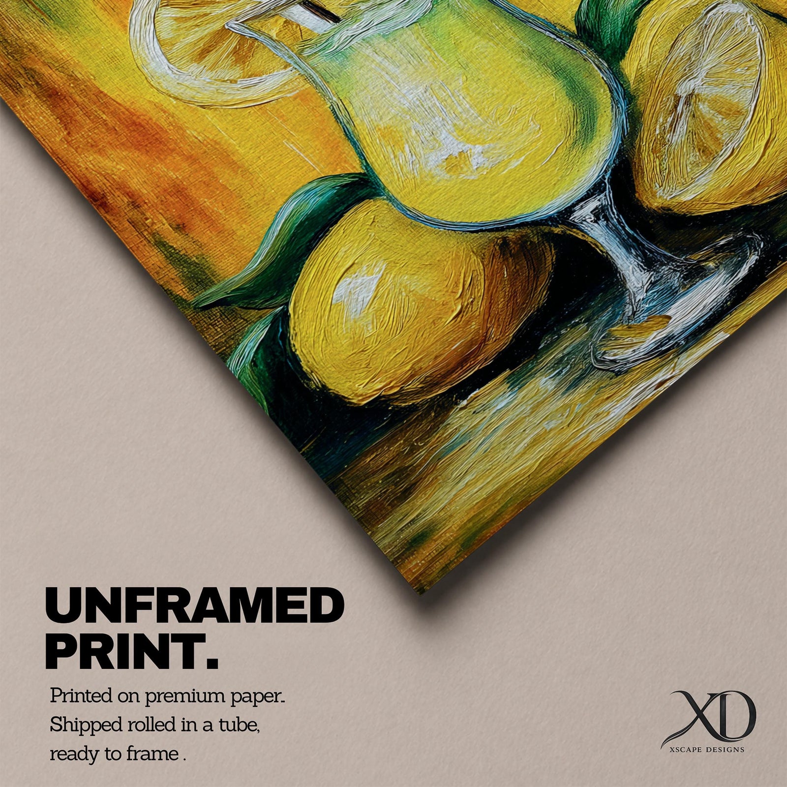 Vibrant lemon cocktail wall art featuring a refreshing citrus drink in a stemmed glass with lemon slices, a straw, and a blue cocktail umbrella. This abstract impasto-style painting uses bright yellow, green, and blue tones, creating a cheerful tropical atmosphere for kitchens, dining rooms, bars, and entertaining spaces.