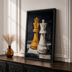 Make a bold statement with this King and Queen Chess Wall Art, featuring striking gold and white chess pieces in a modern abstract painting. The dramatic dark background and rich textured brushstrokes create a sophisticated focal point for offices, game rooms, studies, and contemporary living spaces.