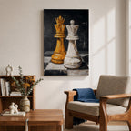 Make a bold statement with this King and Queen Chess Wall Art, featuring striking gold and white chess pieces in a modern abstract painting. The dramatic dark background and rich textured brushstrokes create a sophisticated focal point for offices, game rooms, studies, and contemporary living spaces.