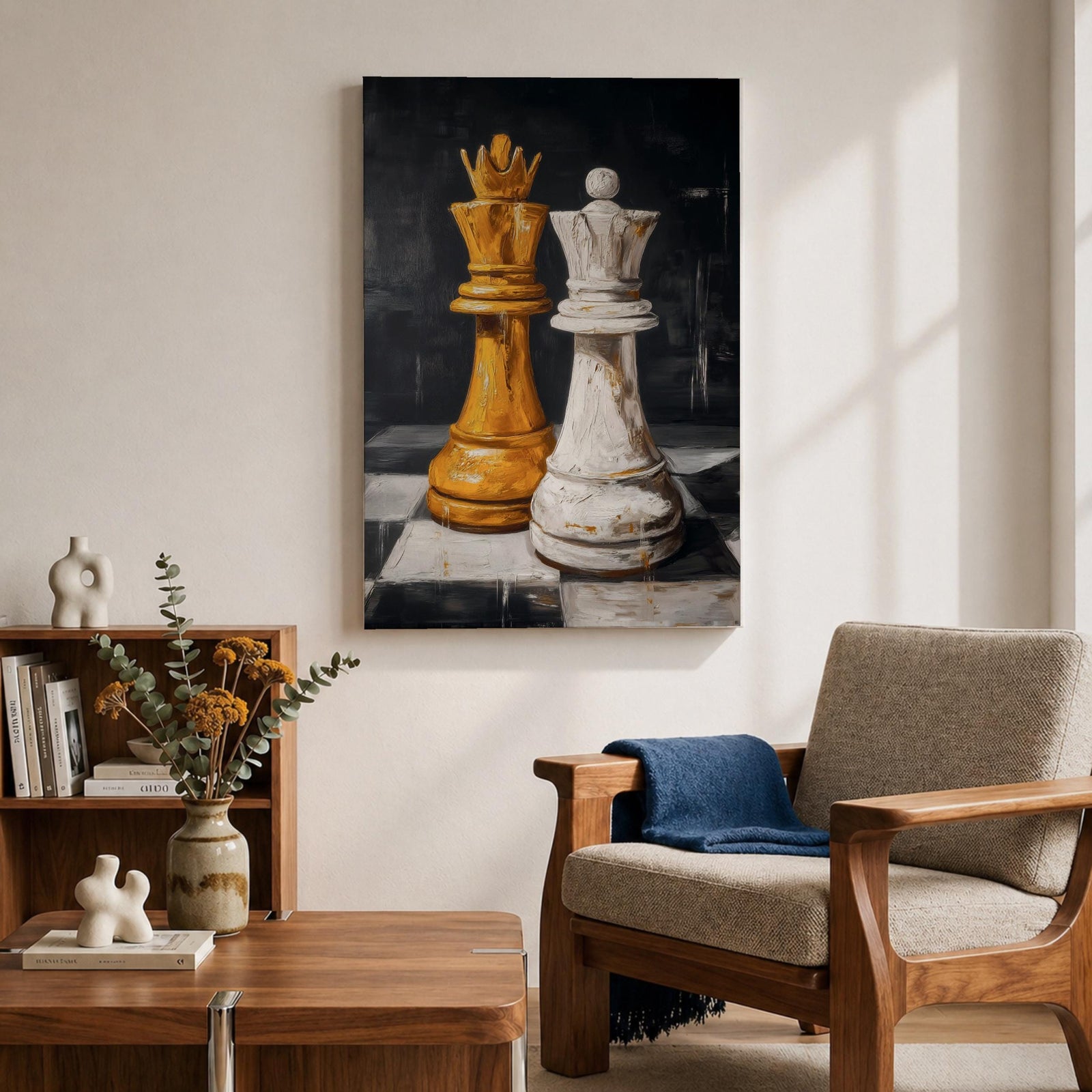 Make a bold statement with this King and Queen Chess Wall Art, featuring striking gold and white chess pieces in a modern abstract painting. The dramatic dark background and rich textured brushstrokes create a sophisticated focal point for offices, game rooms, studies, and contemporary living spaces.