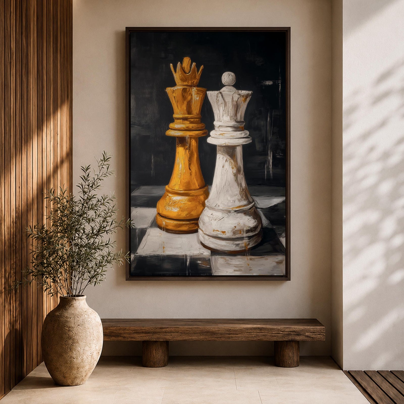 Make a bold statement with this King and Queen Chess Wall Art, featuring striking gold and white chess pieces in a modern abstract painting. The dramatic dark background and rich textured brushstrokes create a sophisticated focal point for offices, game rooms, studies, and contemporary living spaces.