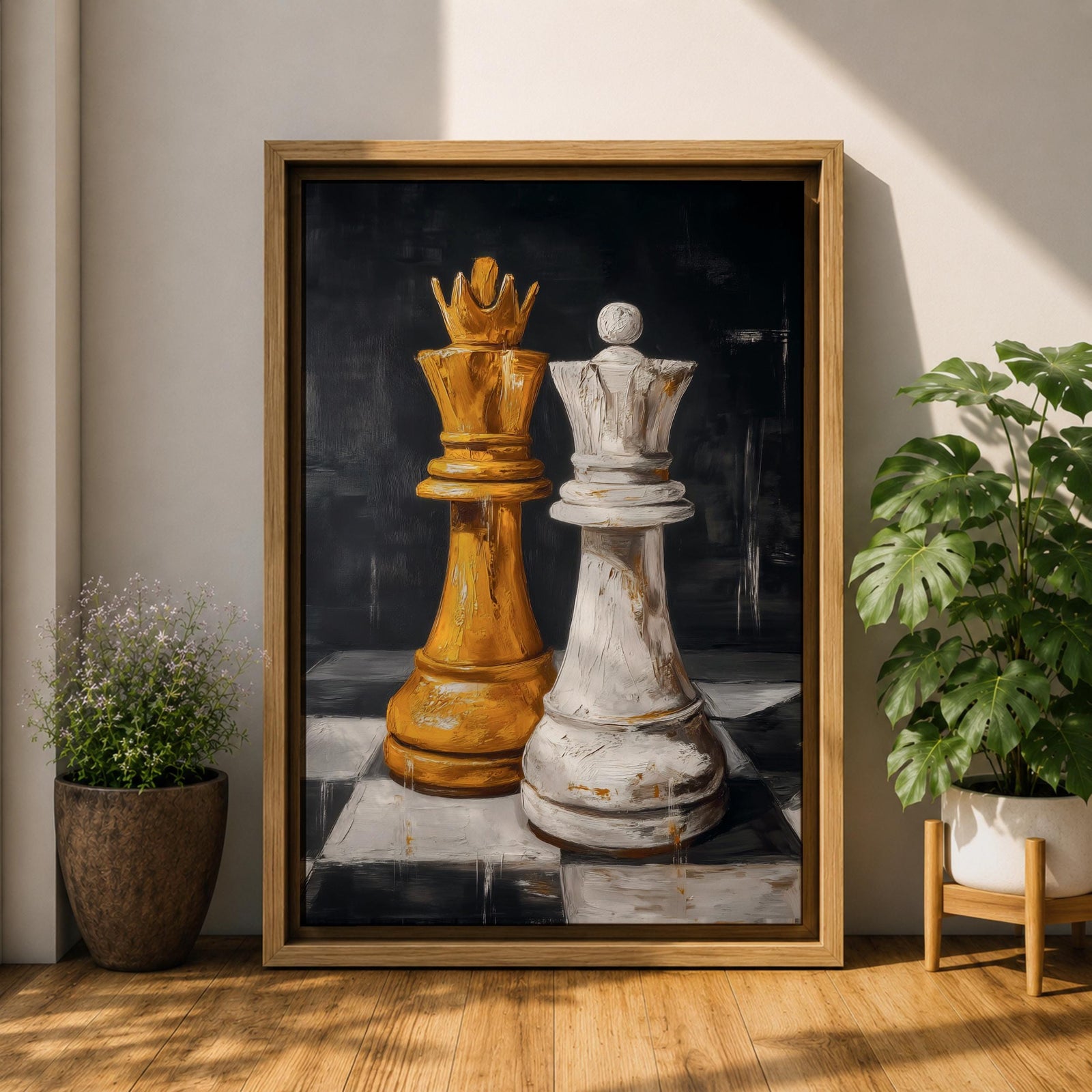 Make a bold statement with this King and Queen Chess Wall Art, featuring striking gold and white chess pieces in a modern abstract painting. The dramatic dark background and rich textured brushstrokes create a sophisticated focal point for offices, game rooms, studies, and contemporary living spaces.