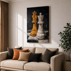 Make a bold statement with this King and Queen Chess Wall Art, featuring striking gold and white chess pieces in a modern abstract painting. The dramatic dark background and rich textured brushstrokes create a sophisticated focal point for offices, game rooms, studies, and contemporary living spaces.