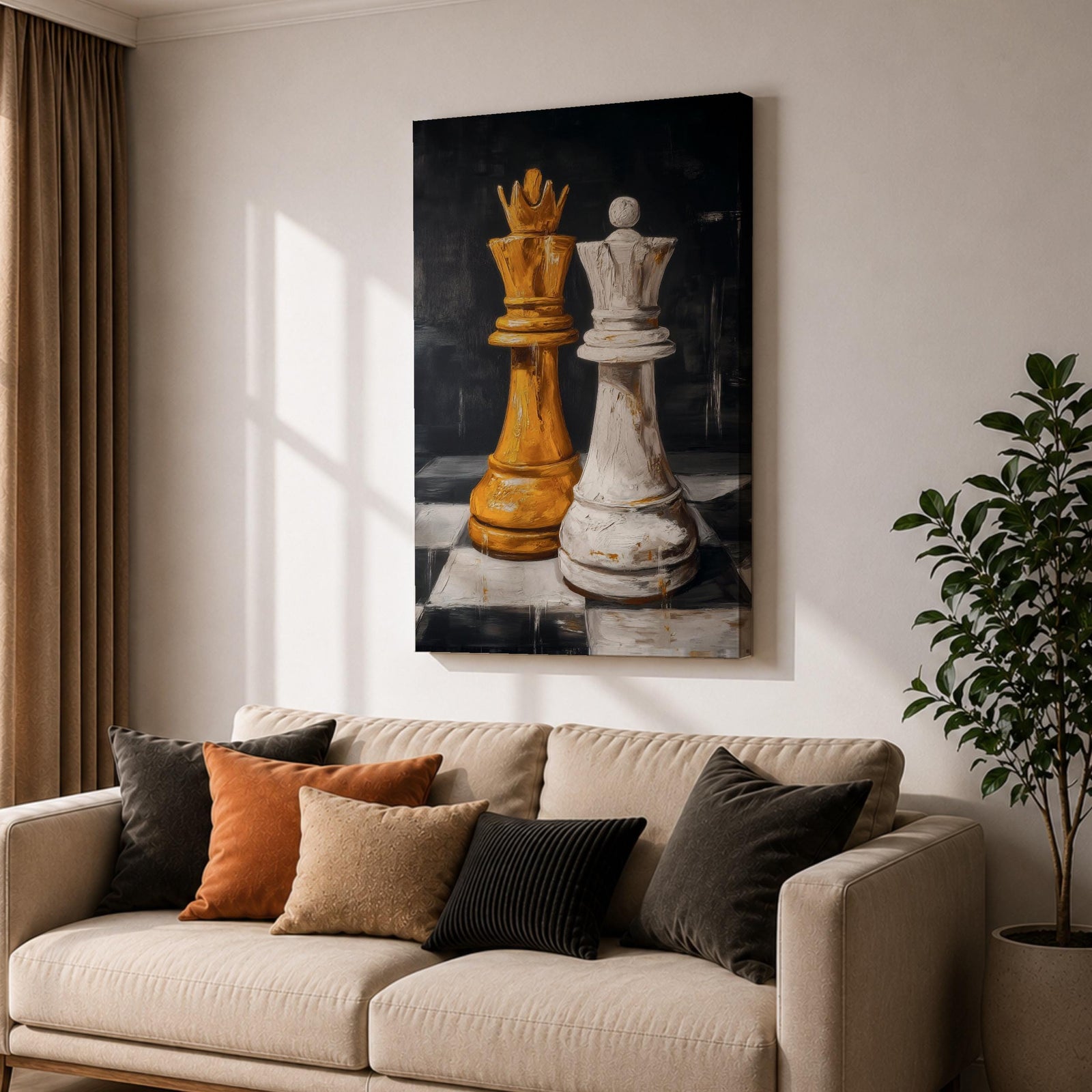 Make a bold statement with this King and Queen Chess Wall Art, featuring striking gold and white chess pieces in a modern abstract painting. The dramatic dark background and rich textured brushstrokes create a sophisticated focal point for offices, game rooms, studies, and contemporary living spaces.