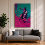 Make a bold statement with this Cowboy Wall Art, featuring a lone rider on horseback rendered in vivid teal and magenta expressionist brushstrokes. Dynamic movement, modern Western style, and striking contemporary colors create an unforgettable centerpiece for ranch homes, offices, and masculine interiors.