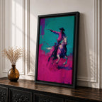 Make a bold statement with this Cowboy Wall Art, featuring a lone rider on horseback rendered in vivid teal and magenta expressionist brushstrokes. Dynamic movement, modern Western style, and striking contemporary colors create an unforgettable centerpiece for ranch homes, offices, and masculine interiors.