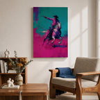 Make a bold statement with this Cowboy Wall Art, featuring a lone rider on horseback rendered in vivid teal and magenta expressionist brushstrokes. Dynamic movement, modern Western style, and striking contemporary colors create an unforgettable centerpiece for ranch homes, offices, and masculine interiors.