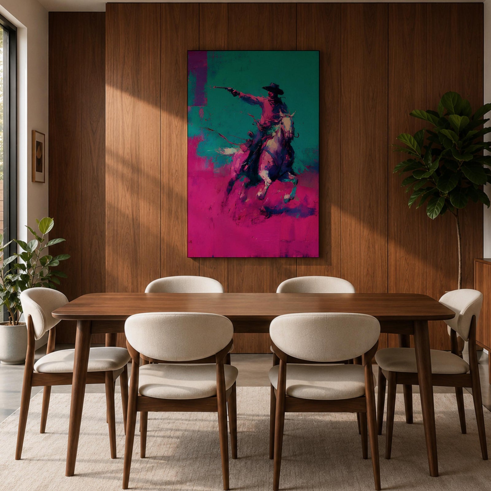 Make a bold statement with this Cowboy Wall Art, featuring a lone rider on horseback rendered in vivid teal and magenta expressionist brushstrokes. Dynamic movement, modern Western style, and striking contemporary colors create an unforgettable centerpiece for ranch homes, offices, and masculine interiors.