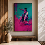Make a bold statement with this Cowboy Wall Art, featuring a lone rider on horseback rendered in vivid teal and magenta expressionist brushstrokes. Dynamic movement, modern Western style, and striking contemporary colors create an unforgettable centerpiece for ranch homes, offices, and masculine interiors.