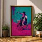 Make a bold statement with this Cowboy Wall Art, featuring a lone rider on horseback rendered in vivid teal and magenta expressionist brushstrokes. Dynamic movement, modern Western style, and striking contemporary colors create an unforgettable centerpiece for ranch homes, offices, and masculine interiors.