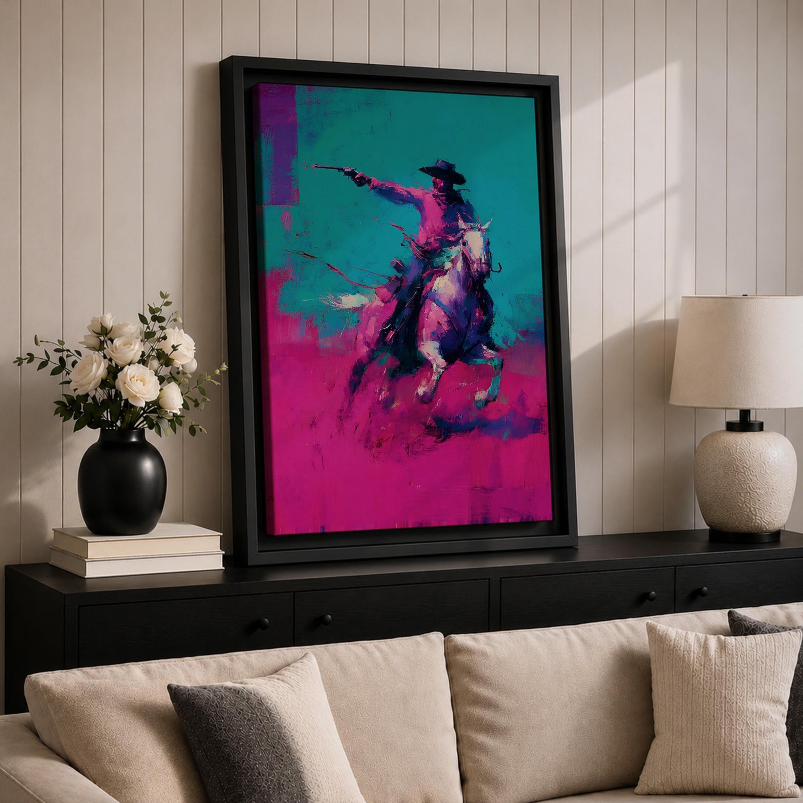 Make a bold statement with this Cowboy Wall Art, featuring a lone rider on horseback rendered in vivid teal and magenta expressionist brushstrokes. Dynamic movement, modern Western style, and striking contemporary colors create an unforgettable centerpiece for ranch homes, offices, and masculine interiors.