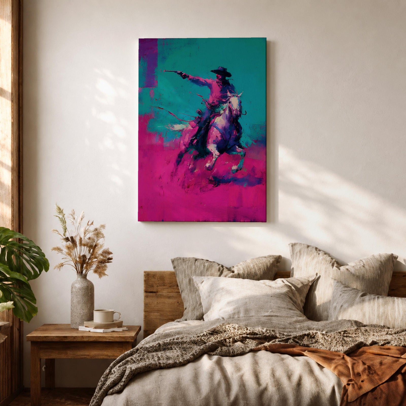 Make a bold statement with this Cowboy Wall Art, featuring a lone rider on horseback rendered in vivid teal and magenta expressionist brushstrokes. Dynamic movement, modern Western style, and striking contemporary colors create an unforgettable centerpiece for ranch homes, offices, and masculine interiors.