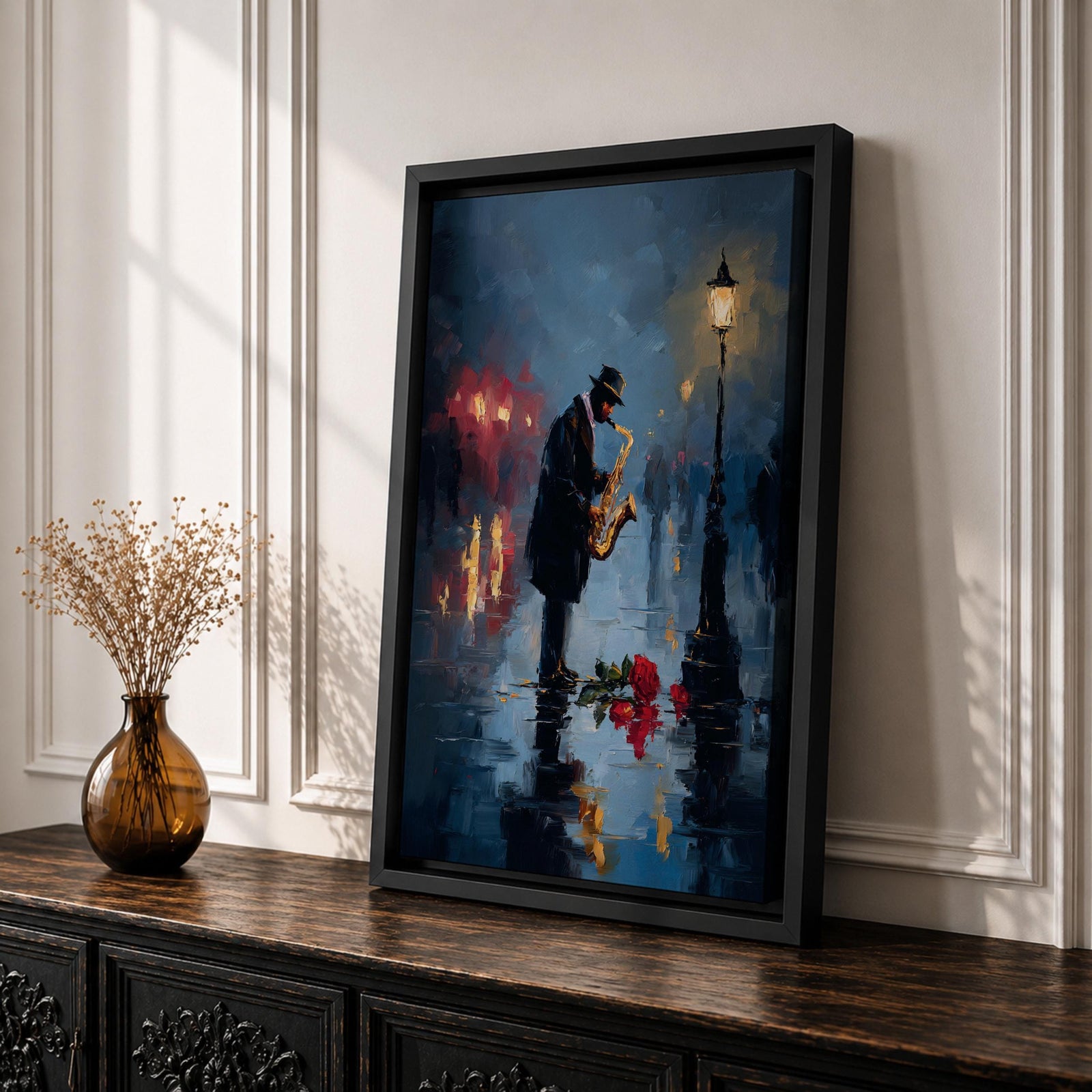 Saxophone wall art featuring a lone jazz musician performing beneath a glowing streetlamp on a rainy evening. Rich navy blue tones, warm reflections, and expressive impressionist brushwork create a romantic city atmosphere, making this music-inspired canvas print ideal for jazz lovers, musicians, living rooms, lounges, and sophisticated interiors.