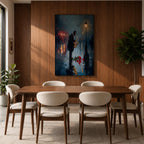 Saxophone wall art featuring a lone jazz musician performing beneath a glowing streetlamp on a rainy evening. Rich navy blue tones, warm reflections, and expressive impressionist brushwork create a romantic city atmosphere, making this music-inspired canvas print ideal for jazz lovers, musicians, living rooms, lounges, and sophisticated interiors.
