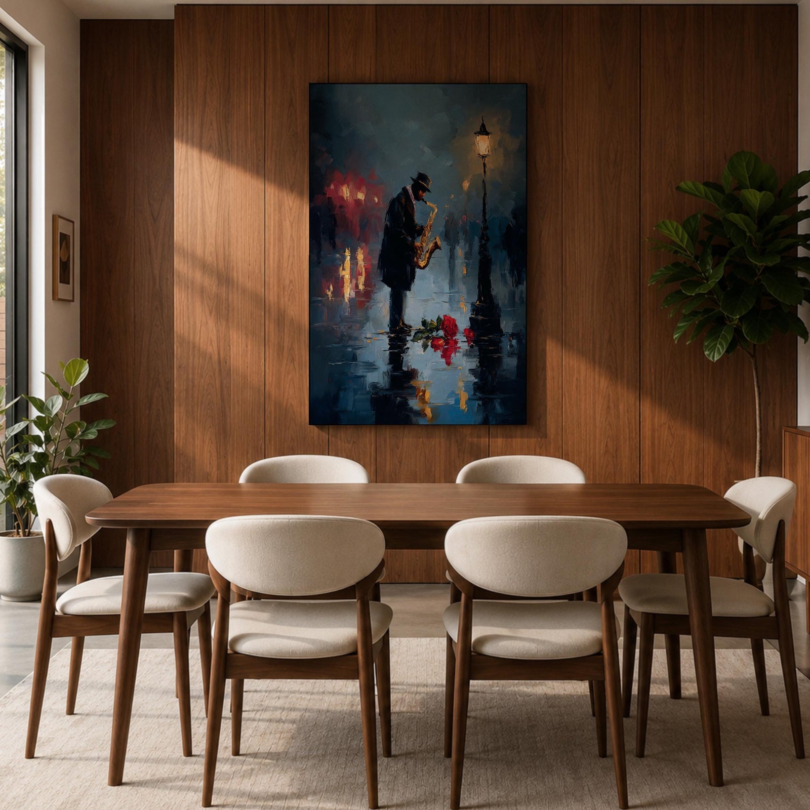 Saxophone wall art featuring a lone jazz musician performing beneath a glowing streetlamp on a rainy evening. Rich navy blue tones, warm reflections, and expressive impressionist brushwork create a romantic city atmosphere, making this music-inspired canvas print ideal for jazz lovers, musicians, living rooms, lounges, and sophisticated interiors.