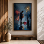 Saxophone wall art featuring a lone jazz musician performing beneath a glowing streetlamp on a rainy evening. Rich navy blue tones, warm reflections, and expressive impressionist brushwork create a romantic city atmosphere, making this music-inspired canvas print ideal for jazz lovers, musicians, living rooms, lounges, and sophisticated interiors.