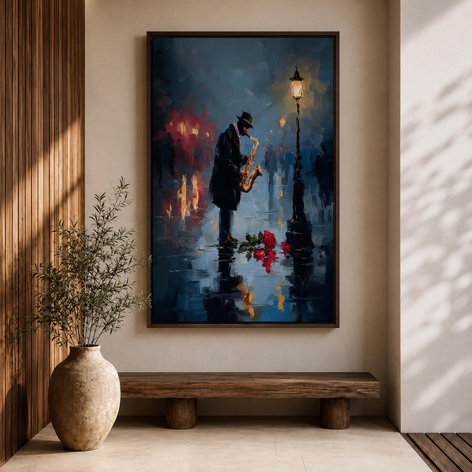 Saxophone wall art featuring a lone jazz musician performing beneath a glowing streetlamp on a rainy evening. Rich navy blue tones, warm reflections, and expressive impressionist brushwork create a romantic city atmosphere, making this music-inspired canvas print ideal for jazz lovers, musicians, living rooms, lounges, and sophisticated interiors.
