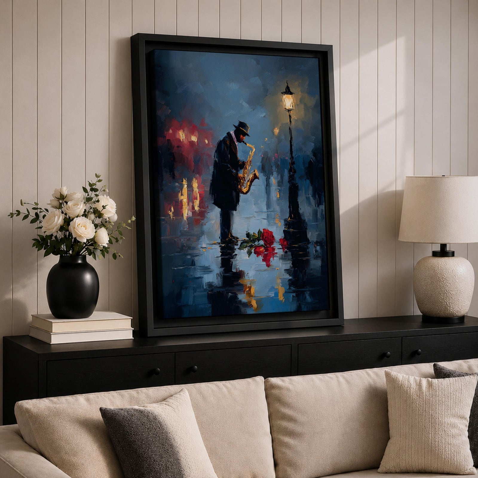 Saxophone wall art featuring a lone jazz musician performing beneath a glowing streetlamp on a rainy evening. Rich navy blue tones, warm reflections, and expressive impressionist brushwork create a romantic city atmosphere, making this music-inspired canvas print ideal for jazz lovers, musicians, living rooms, lounges, and sophisticated interiors.