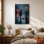 Saxophone wall art featuring a lone jazz musician performing beneath a glowing streetlamp on a rainy evening. Rich navy blue tones, warm reflections, and expressive impressionist brushwork create a romantic city atmosphere, making this music-inspired canvas print ideal for jazz lovers, musicians, living rooms, lounges, and sophisticated interiors.