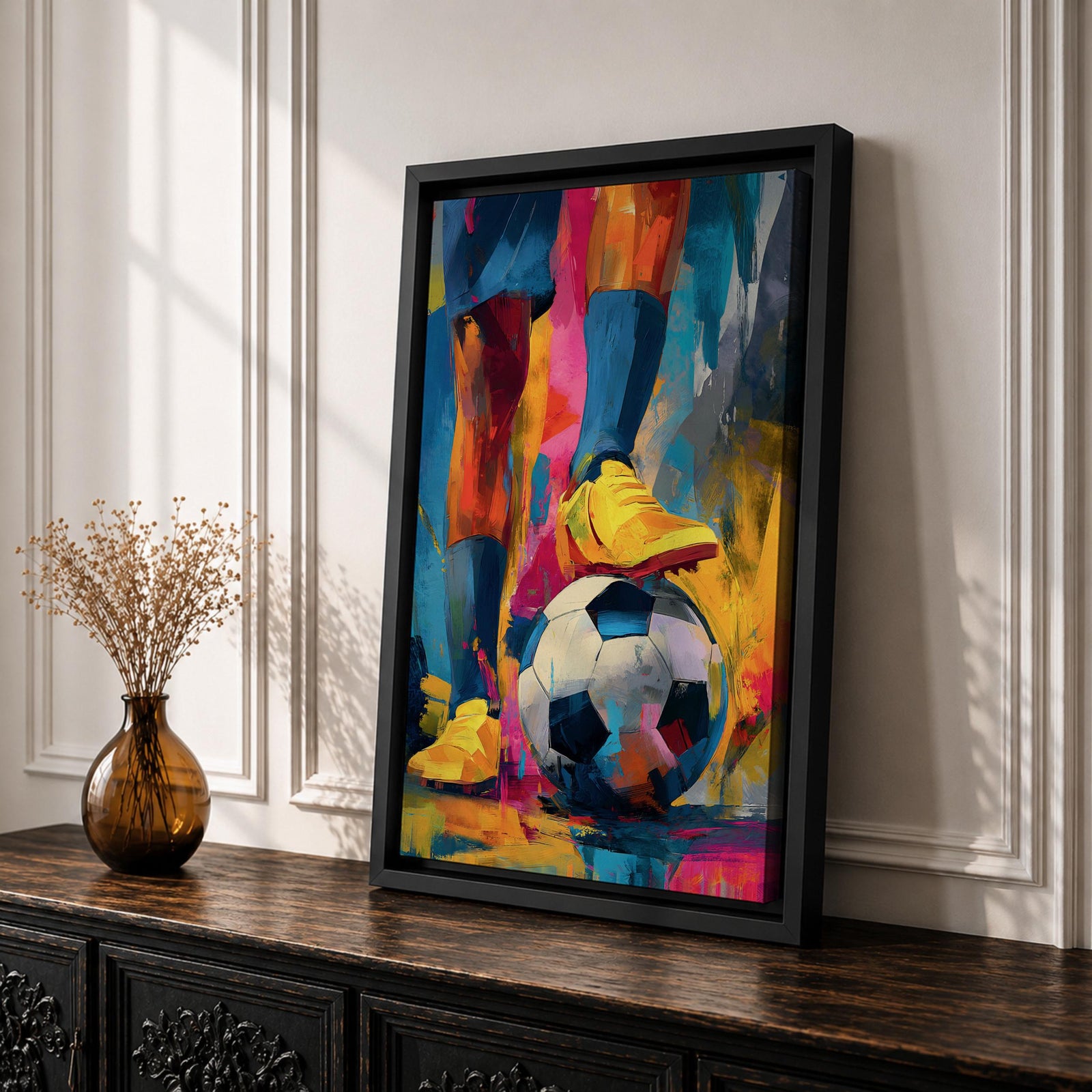 Soccer wall art featuring a player controlling a football with bright yellow cleats in a bold abstract composition. Vibrant blue, pink, orange, and gold brushstrokes emphasize movement, skill, and competition, creating a dynamic sports canvas print for game rooms, bedrooms, offices, and soccer enthusiast spaces.