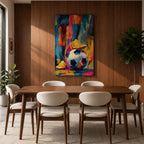 Soccer wall art featuring a player controlling a football with bright yellow cleats in a bold abstract composition. Vibrant blue, pink, orange, and gold brushstrokes emphasize movement, skill, and competition, creating a dynamic sports canvas print for game rooms, bedrooms, offices, and soccer enthusiast spaces.