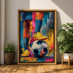 Soccer wall art featuring a player controlling a football with bright yellow cleats in a bold abstract composition. Vibrant blue, pink, orange, and gold brushstrokes emphasize movement, skill, and competition, creating a dynamic sports canvas print for game rooms, bedrooms, offices, and soccer enthusiast spaces.