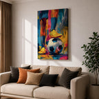 Soccer wall art featuring a player controlling a football with bright yellow cleats in a bold abstract composition. Vibrant blue, pink, orange, and gold brushstrokes emphasize movement, skill, and competition, creating a dynamic sports canvas print for game rooms, bedrooms, offices, and soccer enthusiast spaces.