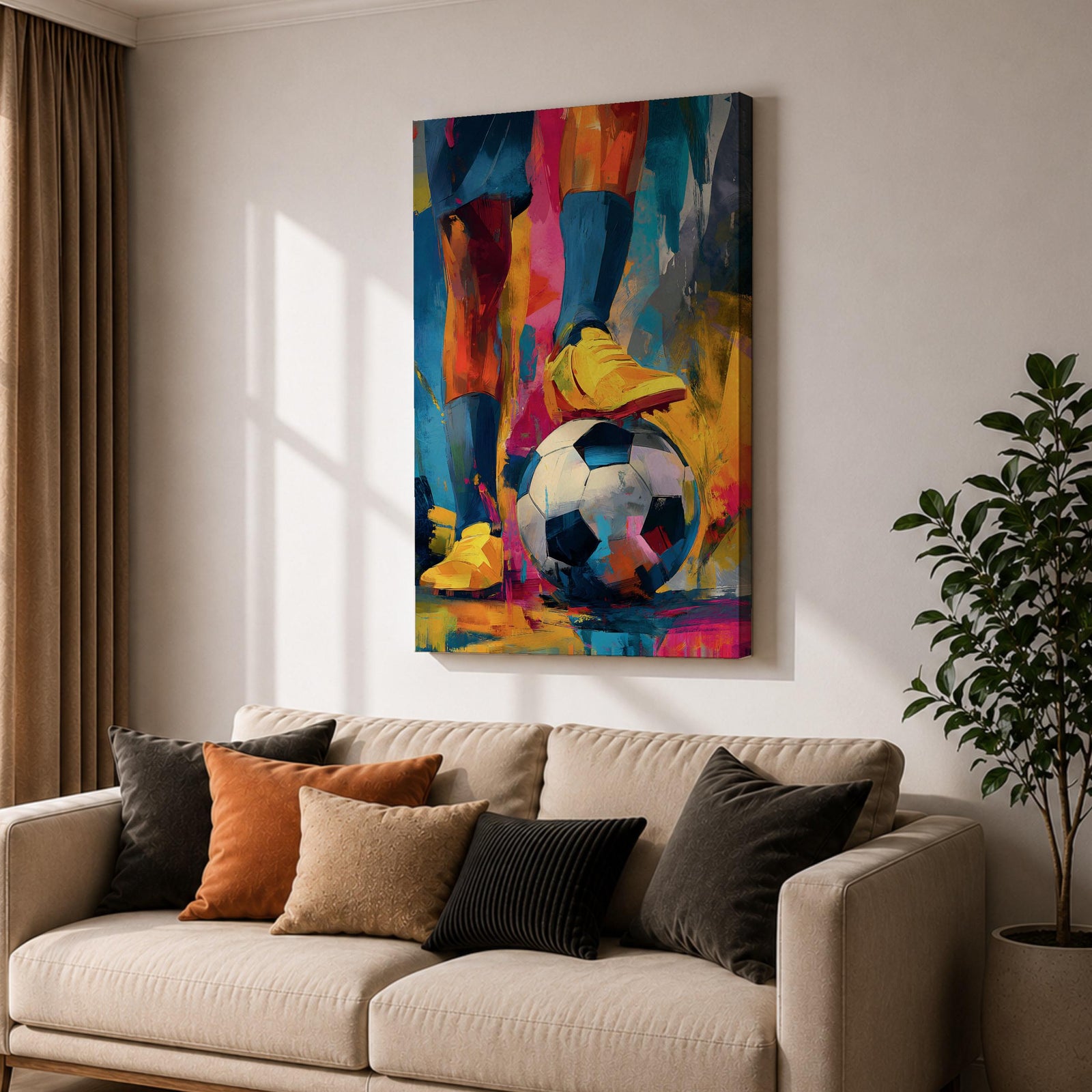 Soccer wall art featuring a player controlling a football with bright yellow cleats in a bold abstract composition. Vibrant blue, pink, orange, and gold brushstrokes emphasize movement, skill, and competition, creating a dynamic sports canvas print for game rooms, bedrooms, offices, and soccer enthusiast spaces.