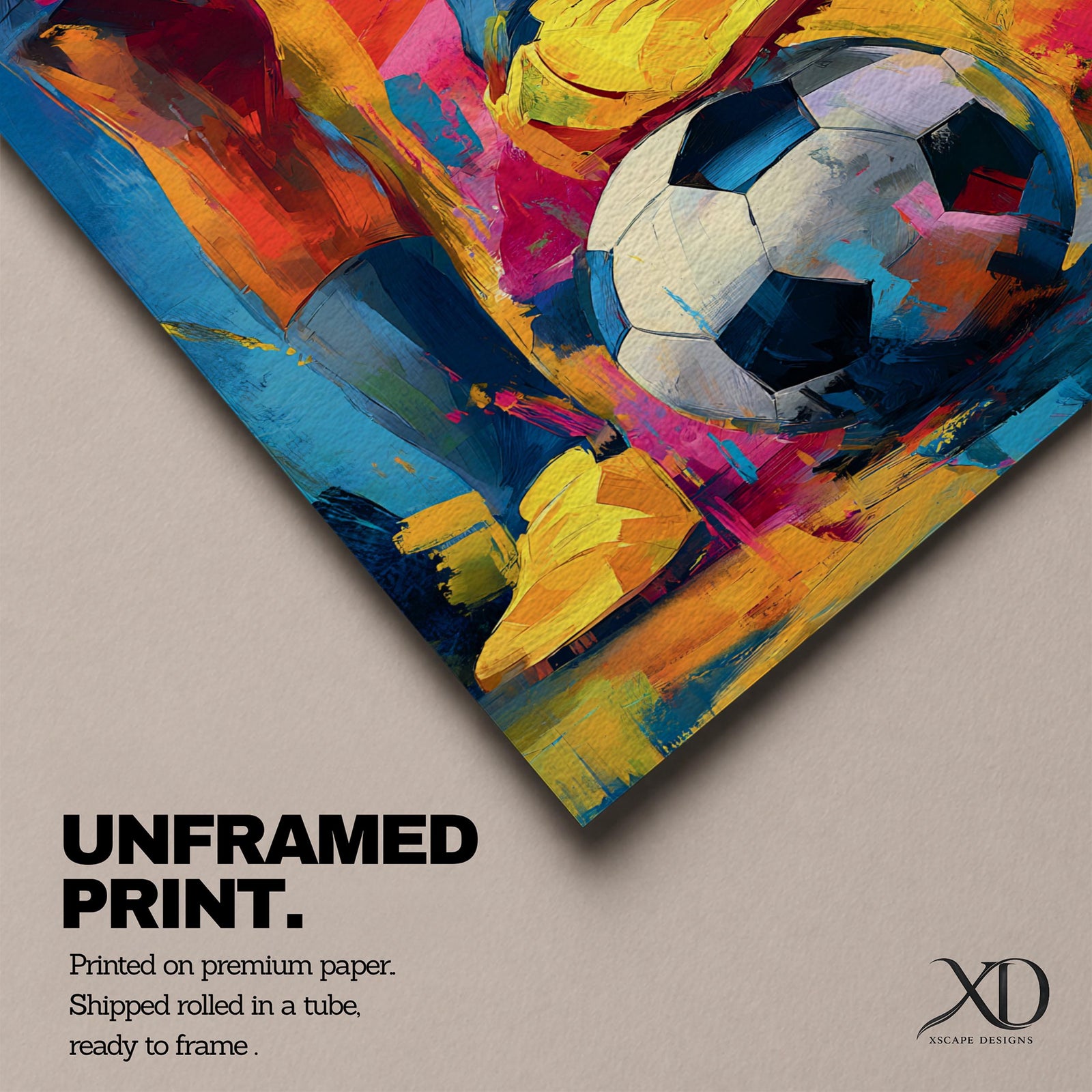 Soccer wall art featuring a player controlling a football with bright yellow cleats in a bold abstract composition. Vibrant blue, pink, orange, and gold brushstrokes emphasize movement, skill, and competition, creating a dynamic sports canvas print for game rooms, bedrooms, offices, and soccer enthusiast spaces.