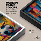 Soccer wall art featuring a player controlling a football with bright yellow cleats in a bold abstract composition. Vibrant blue, pink, orange, and gold brushstrokes emphasize movement, skill, and competition, creating a dynamic sports canvas print for game rooms, bedrooms, offices, and soccer enthusiast spaces.