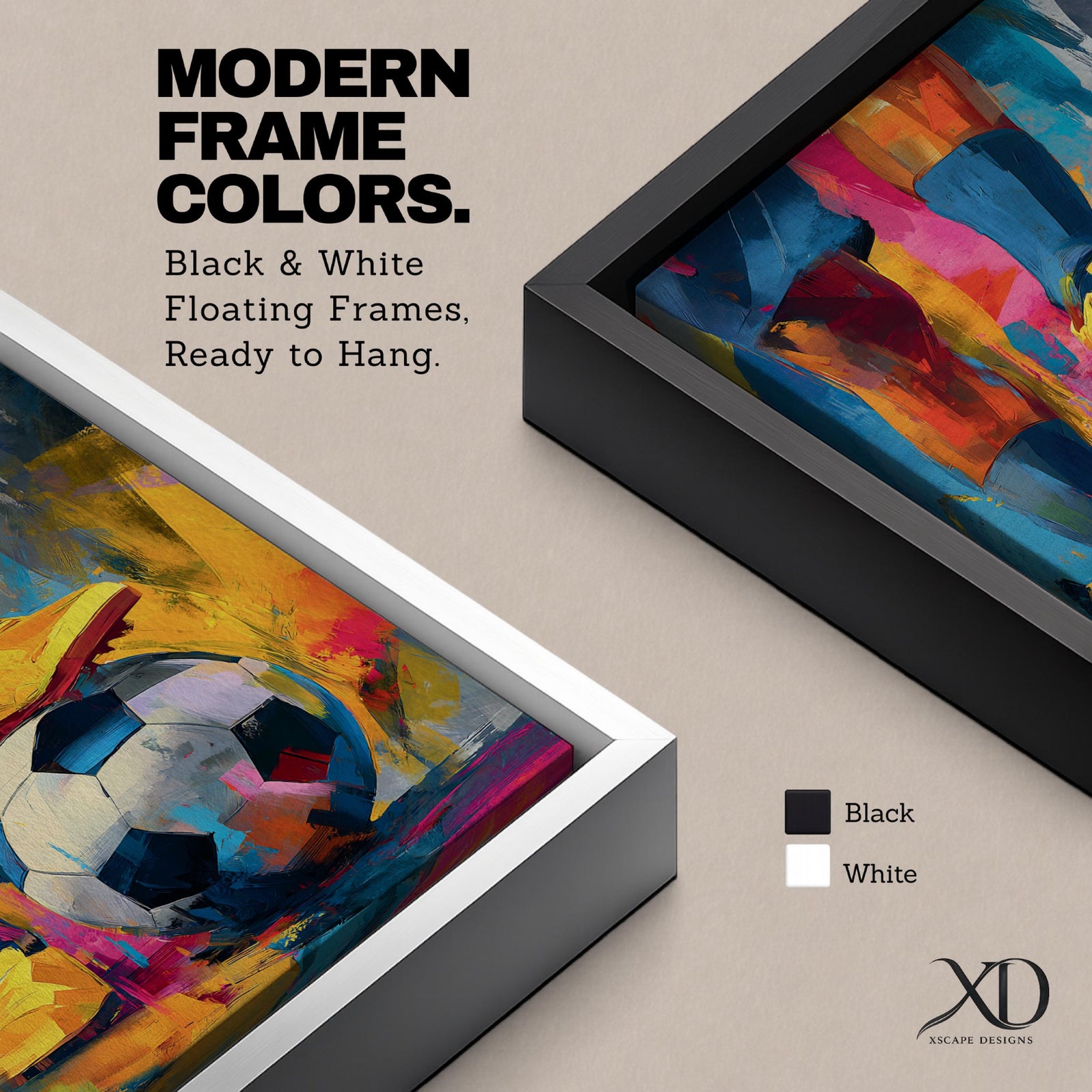 Soccer wall art featuring a player controlling a football with bright yellow cleats in a bold abstract composition. Vibrant blue, pink, orange, and gold brushstrokes emphasize movement, skill, and competition, creating a dynamic sports canvas print for game rooms, bedrooms, offices, and soccer enthusiast spaces.