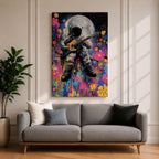 Colorful pop art painting of an astronaut playing an electric guitar with a large moon in the background, surrounded by vibrant splashes and floral patterns, set against a starry night sky.