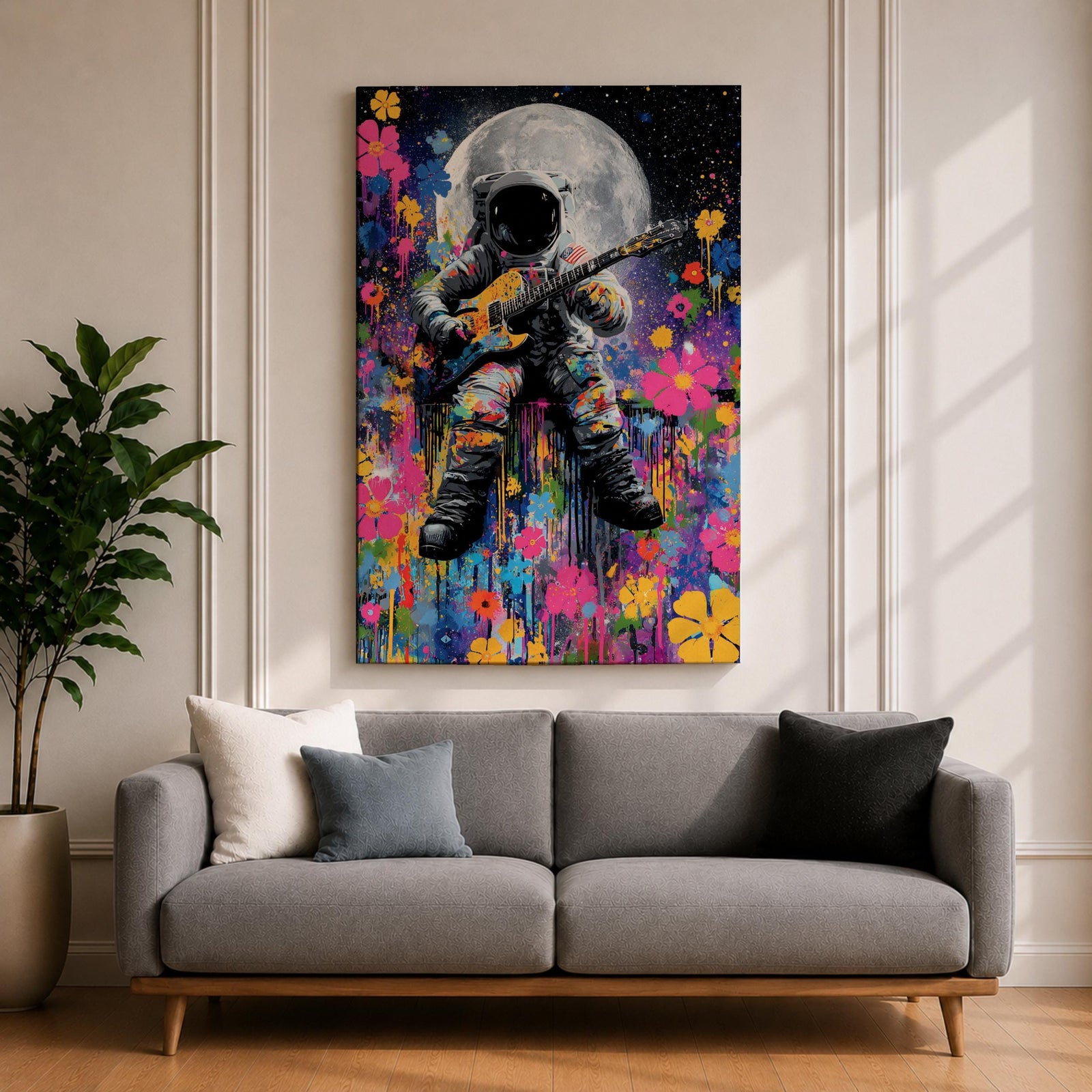 Colorful pop art painting of an astronaut playing an electric guitar with a large moon in the background, surrounded by vibrant splashes and floral patterns, set against a starry night sky.