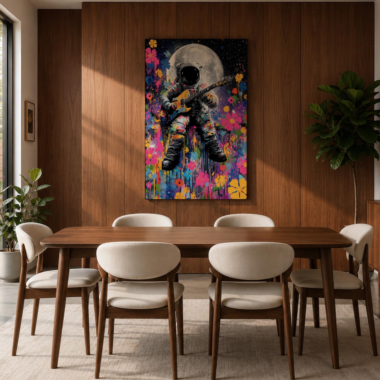 Colorful pop art painting of an astronaut playing an electric guitar with a large moon in the background, surrounded by vibrant splashes and floral patterns, set against a starry night sky.