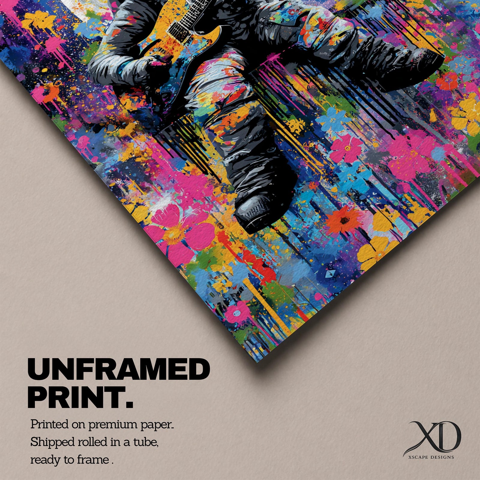 Colorful pop art painting of an astronaut playing an electric guitar with a large moon in the background, surrounded by vibrant splashes and floral patterns, set against a starry night sky.