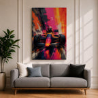 Ignite your passion for motorsport with this Formula One Wall Art, featuring a race car charging forward in a vibrant abstract painting. Bold neon colors, expressive brushstrokes, and dramatic motion make this canvas print a striking centerpiece for man caves, racing rooms, and automotive-inspired spaces.