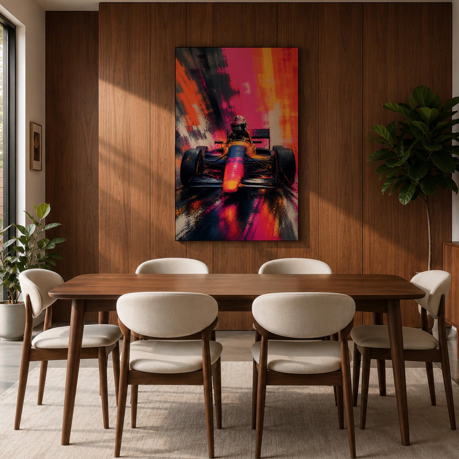 Ignite your passion for motorsport with this Formula One Wall Art, featuring a race car charging forward in a vibrant abstract painting. Bold neon colors, expressive brushstrokes, and dramatic motion make this canvas print a striking centerpiece for man caves, racing rooms, and automotive-inspired spaces.