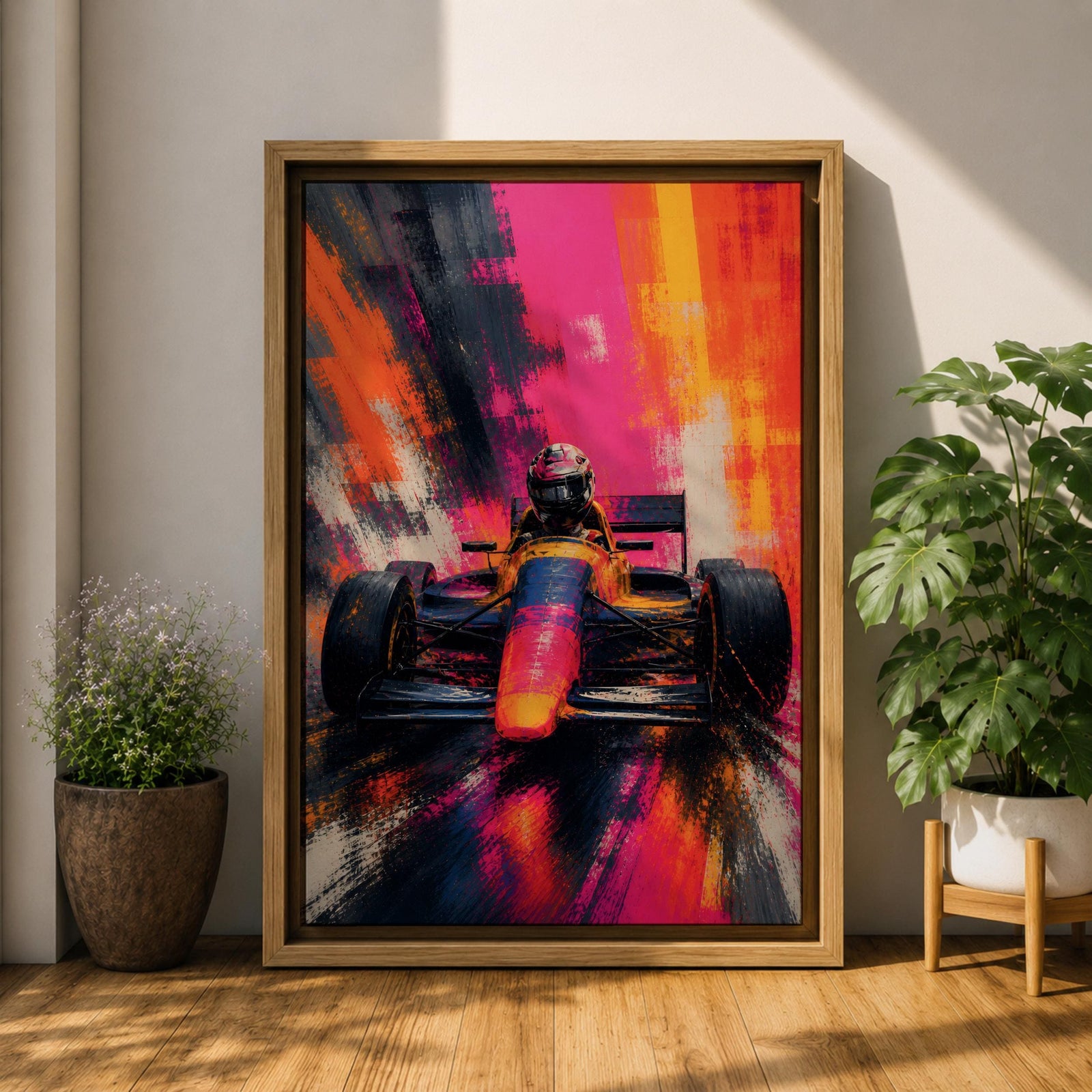 Ignite your passion for motorsport with this Formula One Wall Art, featuring a race car charging forward in a vibrant abstract painting. Bold neon colors, expressive brushstrokes, and dramatic motion make this canvas print a striking centerpiece for man caves, racing rooms, and automotive-inspired spaces.