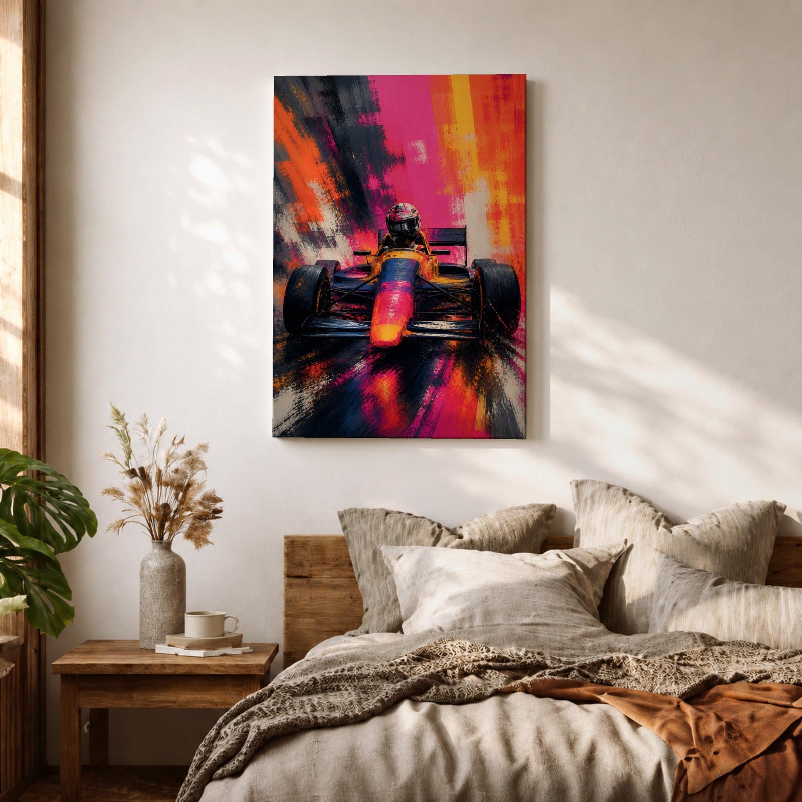 Ignite your passion for motorsport with this Formula One Wall Art, featuring a race car charging forward in a vibrant abstract painting. Bold neon colors, expressive brushstrokes, and dramatic motion make this canvas print a striking centerpiece for man caves, racing rooms, and automotive-inspired spaces.