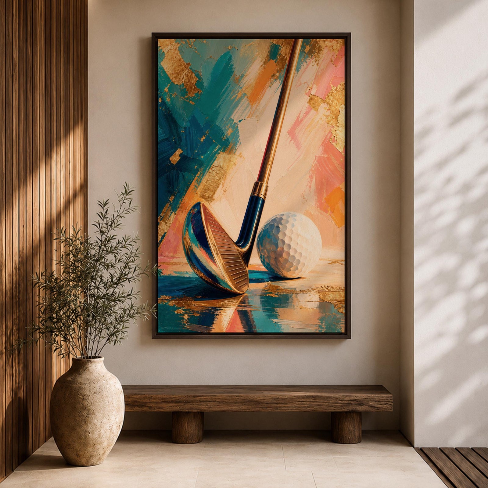 Golf club wall art featuring a close-up golf club and ball against an elegant abstract background accented with gold leaf textures. Refined teal, cream, blush, and metallic tones create a sophisticated sports canvas print ideal for clubhouses, golf rooms, offices, man caves, and luxury interiors.