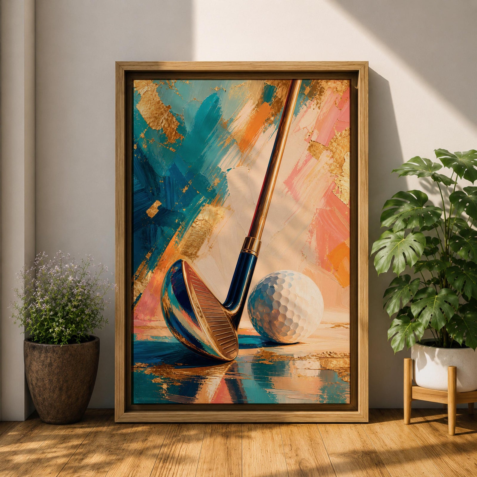 Golf club wall art featuring a close-up golf club and ball against an elegant abstract background accented with gold leaf textures. Refined teal, cream, blush, and metallic tones create a sophisticated sports canvas print ideal for clubhouses, golf rooms, offices, man caves, and luxury interiors.