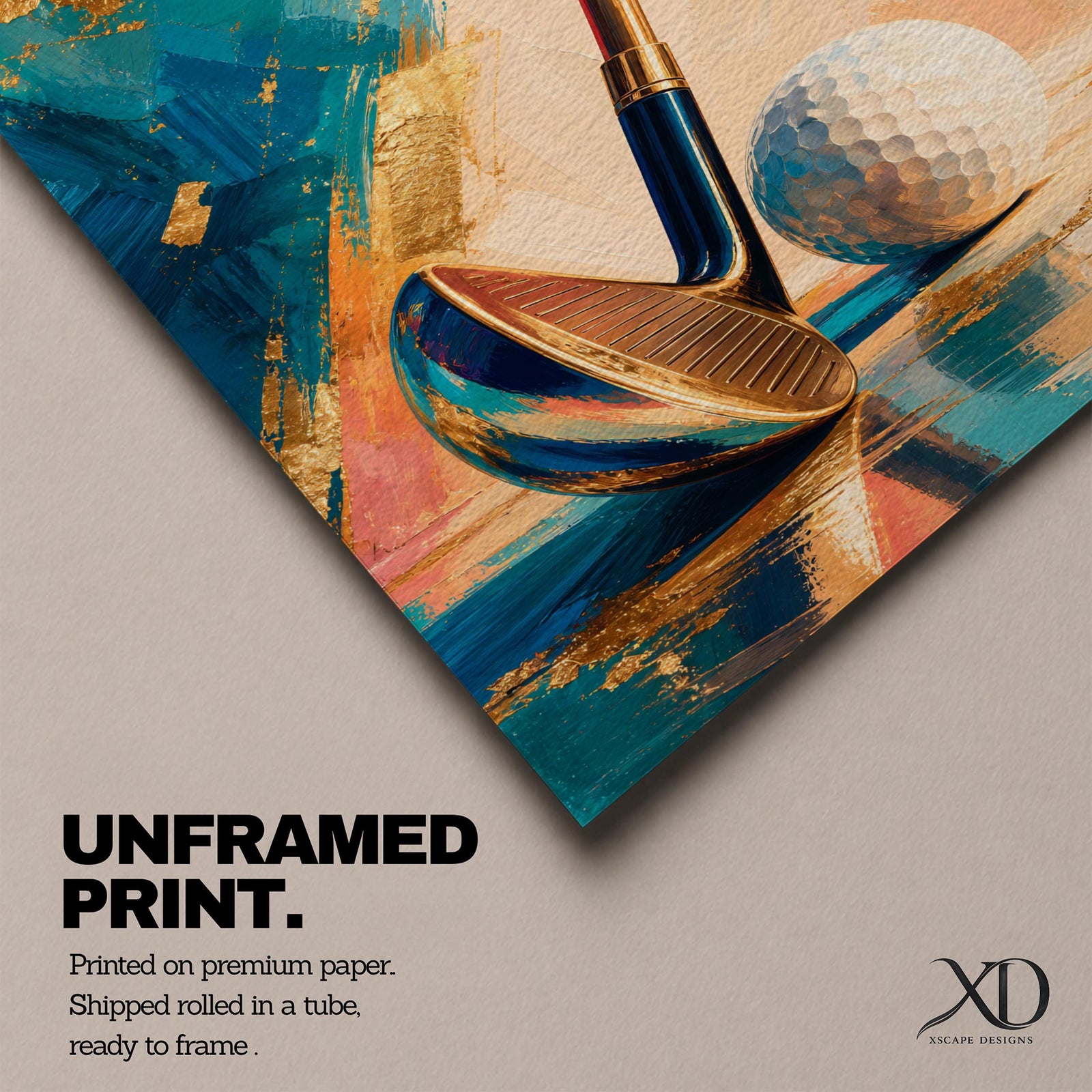 Golf club wall art featuring a close-up golf club and ball against an elegant abstract background accented with gold leaf textures. Refined teal, cream, blush, and metallic tones create a sophisticated sports canvas print ideal for clubhouses, golf rooms, offices, man caves, and luxury interiors.