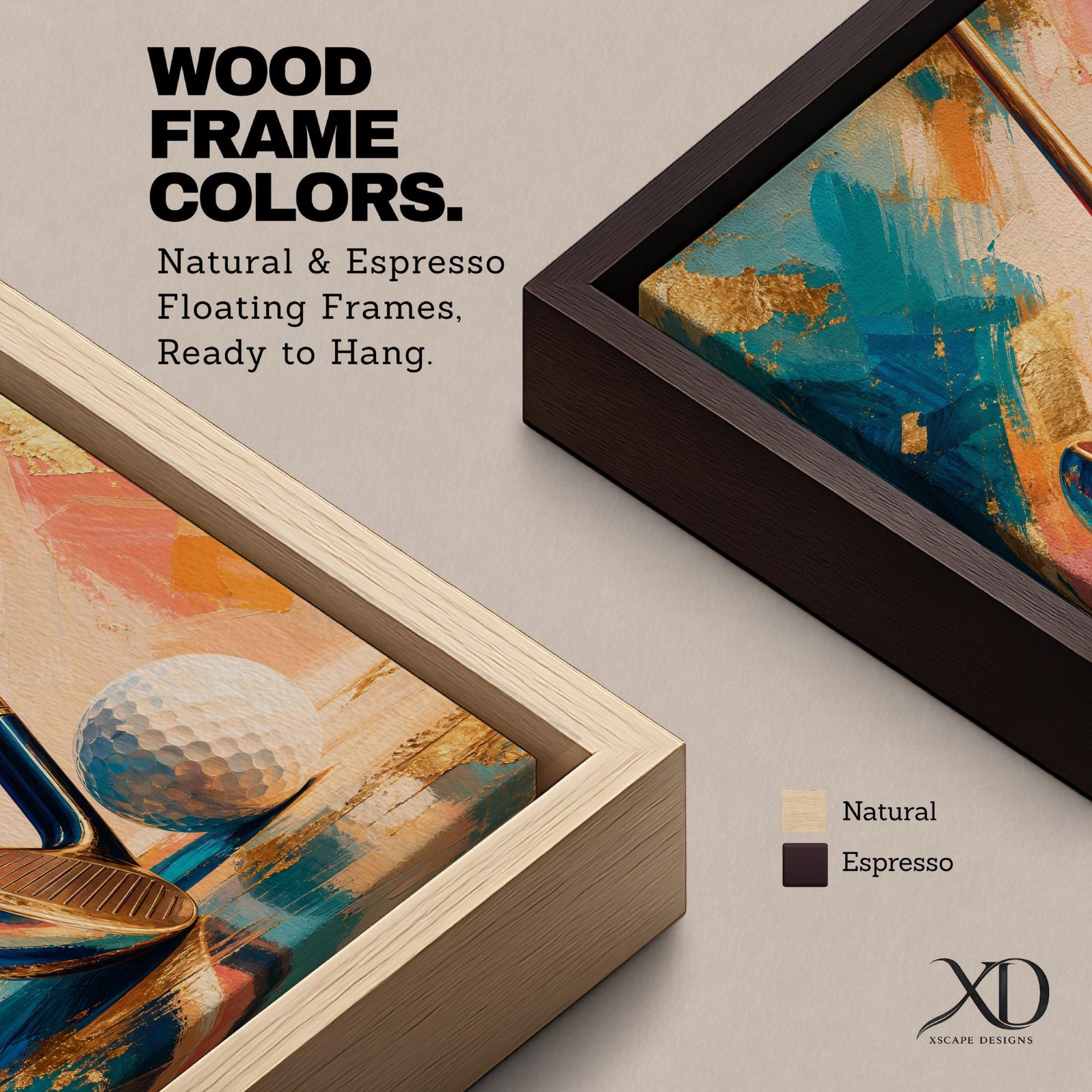 Golf club wall art featuring a close-up golf club and ball against an elegant abstract background accented with gold leaf textures. Refined teal, cream, blush, and metallic tones create a sophisticated sports canvas print ideal for clubhouses, golf rooms, offices, man caves, and luxury interiors.