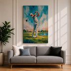 Elevate your space with this Golf Wall Art, featuring a golfer captured mid-swing in a vibrant impressionist painting. Bold palette knife textures, brilliant blue skies, and a scenic golf course create a striking canvas print for golf clubhouses, offices, and golf lovers.