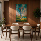 Elevate your space with this Golf Wall Art, featuring a golfer captured mid-swing in a vibrant impressionist painting. Bold palette knife textures, brilliant blue skies, and a scenic golf course create a striking canvas print for golf clubhouses, offices, and golf lovers.