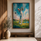 Elevate your space with this Golf Wall Art, featuring a golfer captured mid-swing in a vibrant impressionist painting. Bold palette knife textures, brilliant blue skies, and a scenic golf course create a striking canvas print for golf clubhouses, offices, and golf lovers.