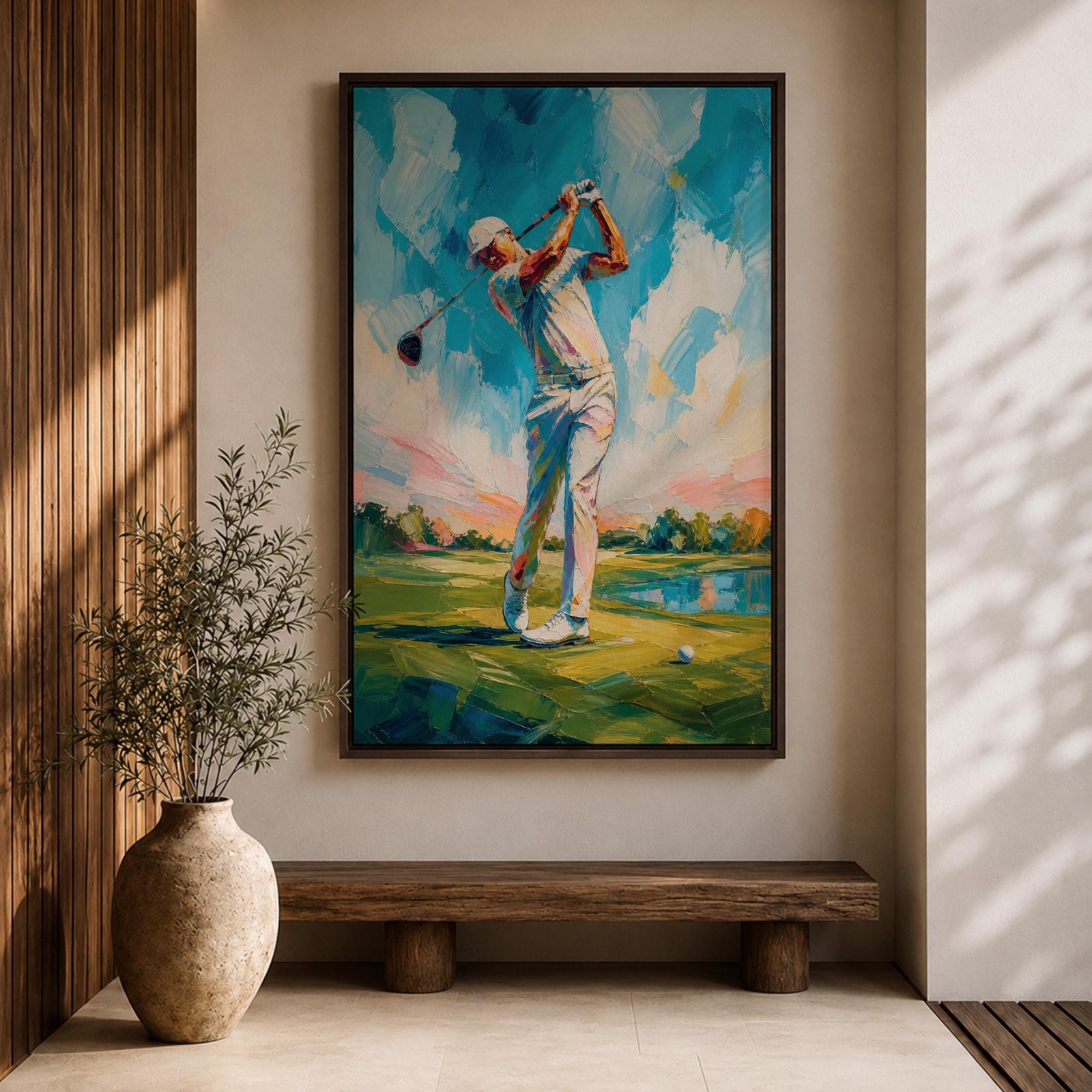 Elevate your space with this Golf Wall Art, featuring a golfer captured mid-swing in a vibrant impressionist painting. Bold palette knife textures, brilliant blue skies, and a scenic golf course create a striking canvas print for golf clubhouses, offices, and golf lovers.