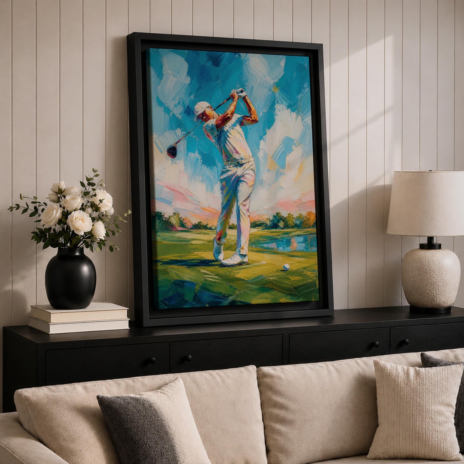 Elevate your space with this Golf Wall Art, featuring a golfer captured mid-swing in a vibrant impressionist painting. Bold palette knife textures, brilliant blue skies, and a scenic golf course create a striking canvas print for golf clubhouses, offices, and golf lovers.