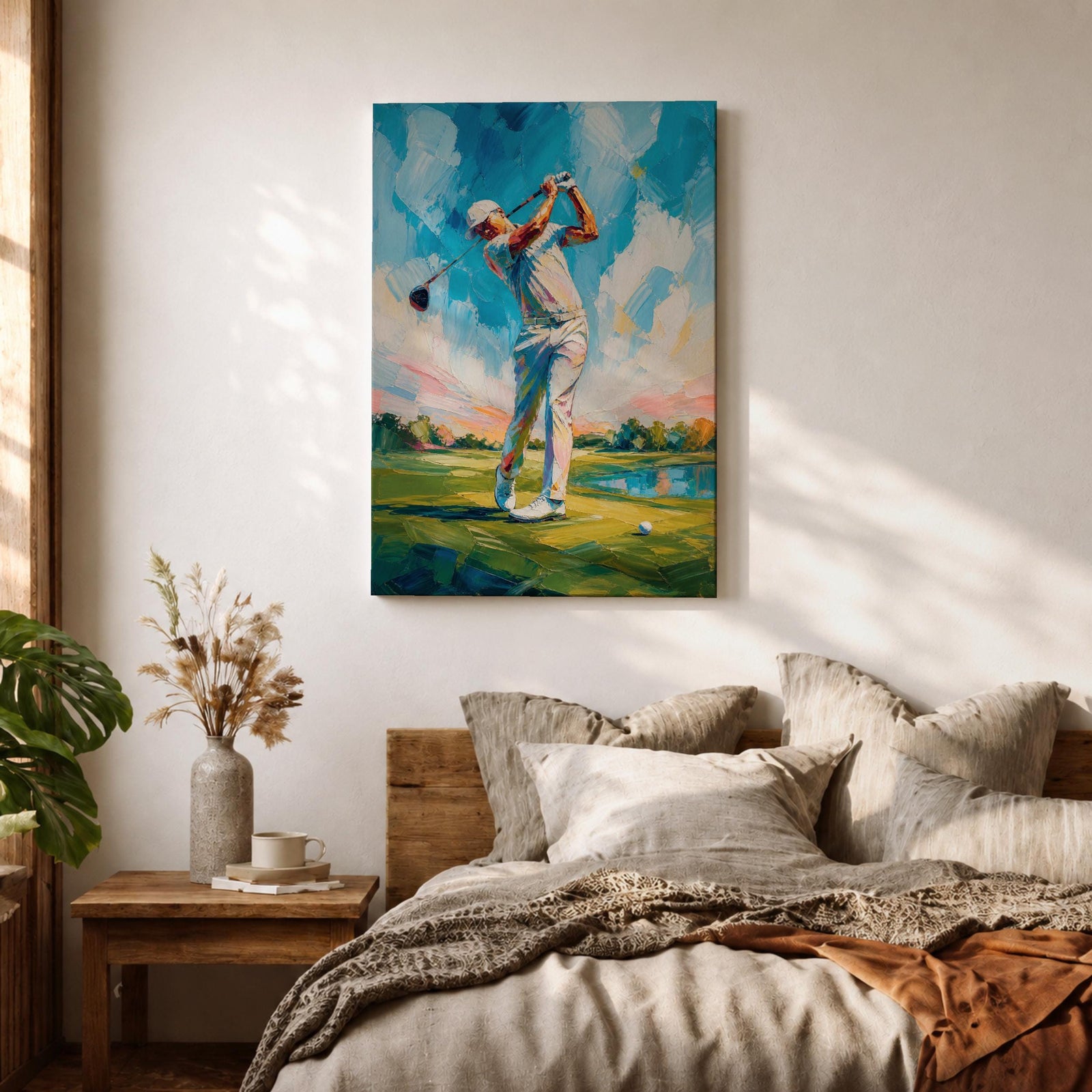 Elevate your space with this Golf Wall Art, featuring a golfer captured mid-swing in a vibrant impressionist painting. Bold palette knife textures, brilliant blue skies, and a scenic golf course create a striking canvas print for golf clubhouses, offices, and golf lovers.