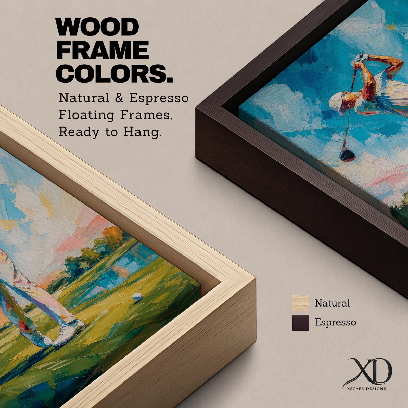 Elevate your space with this Golf Wall Art, featuring a golfer captured mid-swing in a vibrant impressionist painting. Bold palette knife textures, brilliant blue skies, and a scenic golf course create a striking canvas print for golf clubhouses, offices, and golf lovers.